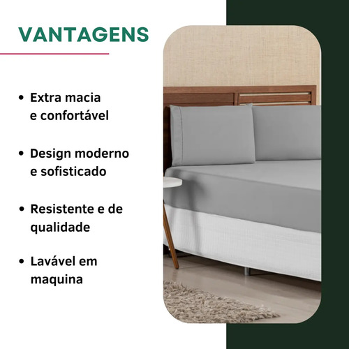 Jogo De Cama Casal Padrão 3 Peças C/ Fronha Ponto Palito Toque Macio Resistente 400 Fios Premium Cor Cinza