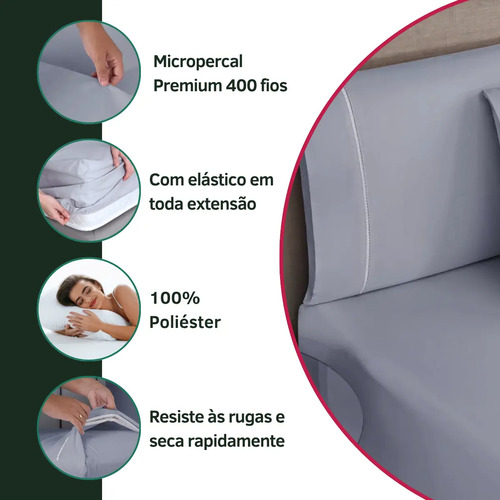 Jogo De Cama Casal Padrão 3 Peças C/ Fronha Ponto Palito Toque Macio Resistente 400 Fios Premium Cor Cinza