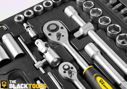 Jogo De Ferramentas Soquetes Encaixe 1/4 E 1/2 Pol. Catraca Reversível Aço Crv 94 Peças Com Maleta Tkf94 The Black Tools