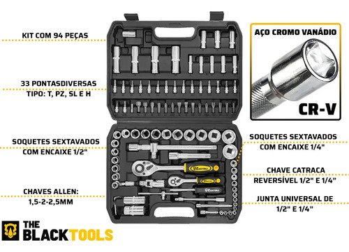 Jogo De Ferramentas Soquetes Encaixe 1/4 E 1/2 Pol. Catraca Reversível Aço Crv 94 Peças Com Maleta Tkf94 The Black Tools