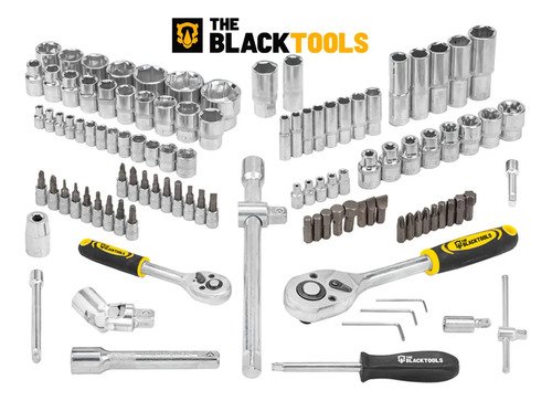 Jogo De Ferramentas Soquetes Encaixe 1/4 E 1/2 Pol. Catraca Reversível Aço Crv 94 Peças Com Maleta Tkf94 The Black Tools