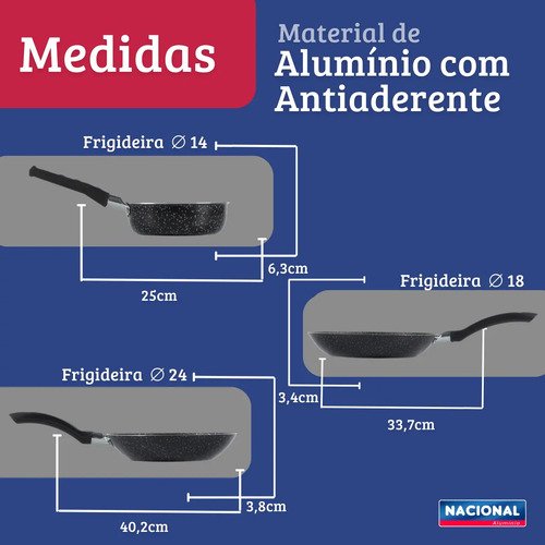 Jogo De Frigideiras Francesas 3 Peças 14 18 24cm Preto Nacional