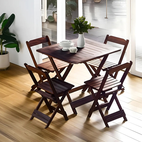 Jogo de mesa dobravel bistro 70x70 4 cadeiras madeira macica