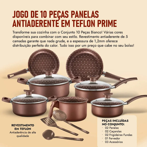 Jogo De Panelas Antiaderente 10 Peças Prime Alumínio Teflon D'Itália Panelas Cor Marrom-escuro
