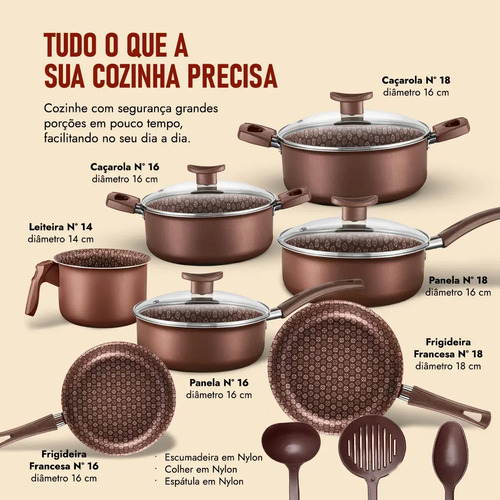 Jogo De Panelas Antiaderente 10 Peças Prime Alumínio Teflon D'Itália Panelas Cor Marrom-escuro