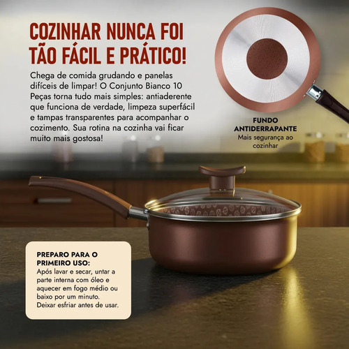 Jogo De Panelas Antiaderente 10 Peças Prime Alumínio Teflon D'Itália Panelas Cor Marrom-escuro