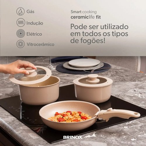 Jogo De Panelas Antiaderente Cerâmico 10 Peças Brinox Fit Cor Areia