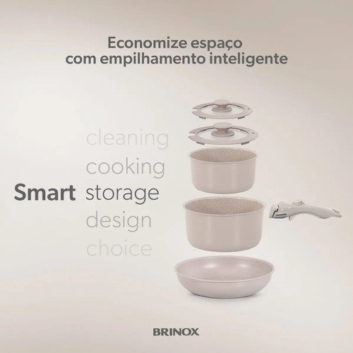 Jogo De Panelas Antiaderente Cerâmico 10 Peças Brinox Fit Cor Areia