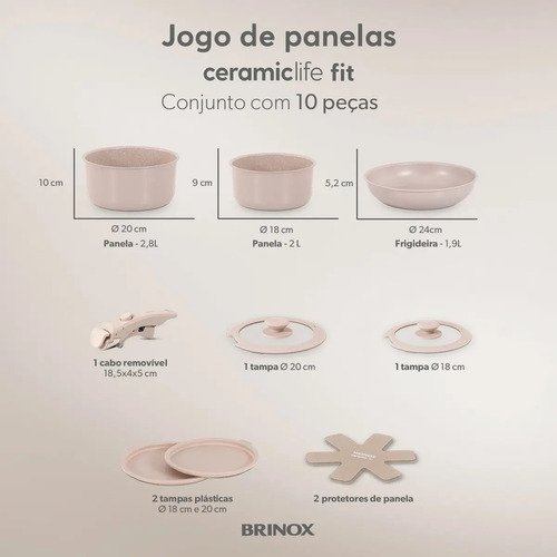 Jogo De Panelas Antiaderente Cerâmico 10 Peças Brinox Fit Cor Areia