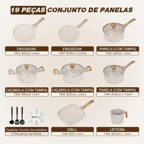 Jogo De Panelas Cerâmica Antiaderente 19 Peças Gas Indução
