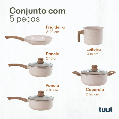 Jogo De Panelas Cerâmico Triplo Indução Tuut Ecoglid 5 Peças Cor Baunilha