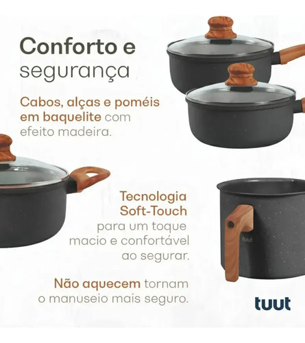 Jogo De Panelas Cerâmico Triplo Indução Tuut Ecoglid 5 Peças Cor Preto Granito