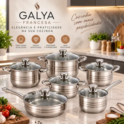 Jogo De Panelas Francesas Galya 12 Peças Aço Inoxidável