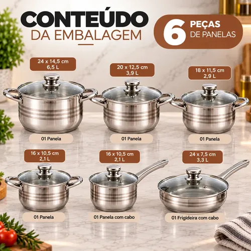 Jogo De Panelas Francesas Galya 12 Peças Aço Inoxidável