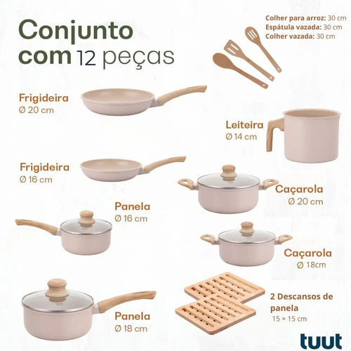 Jogo De Panelas Indução Antiaderente 12 Peças Fundo Triplo, Revestimento Cerâmico, Alumínio Ecoglide E Tampas De Vidro Vanilla
