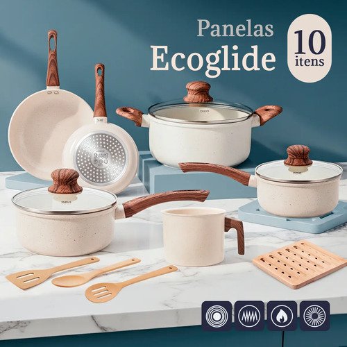 Jogo De Panelas Induçao Antiaderente Cerâmica 10 Peças Ppg Pfoa Free Baunilha