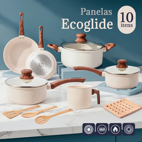 Jogo De Panelas Induçao Antiaderente Cerâmica 10 Peças Ppg Pfoa Free Baunilha