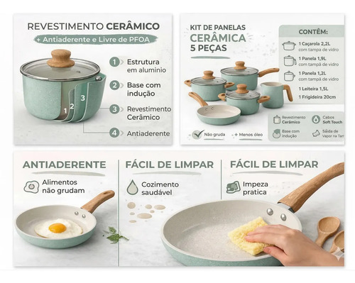 Jogo De Panelas Revestimento Cerâmico Para Fogão Tradicional E Indução Florença Vanila Veneza Antiaderente 5 Peças