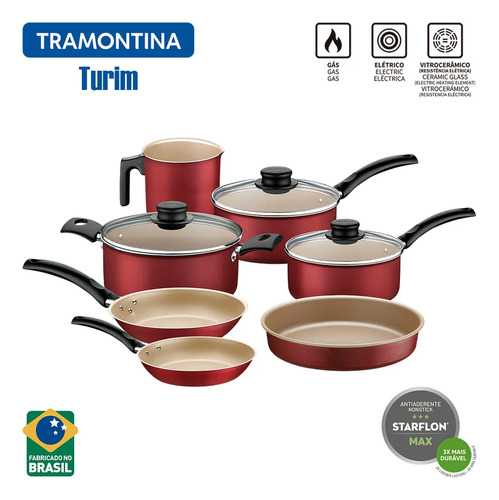 Jogo De Panelas Tramontina Turim 12pçs C/ Kit Tigelas Inox Vermelho