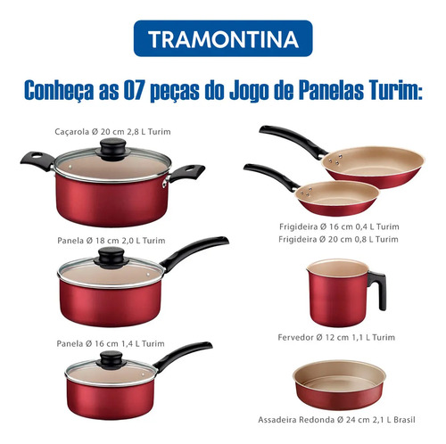 Jogo De Panelas Tramontina Turim 12pçs C/ Kit Tigelas Inox Vermelho