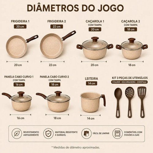 Jogo De Panelas Variadas Antiaderente 10 Peças - Bege Poá. Marfim