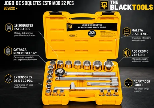Jogo De Soquete Estriado 1/2 Pol 8 A 32mm 22 Peças