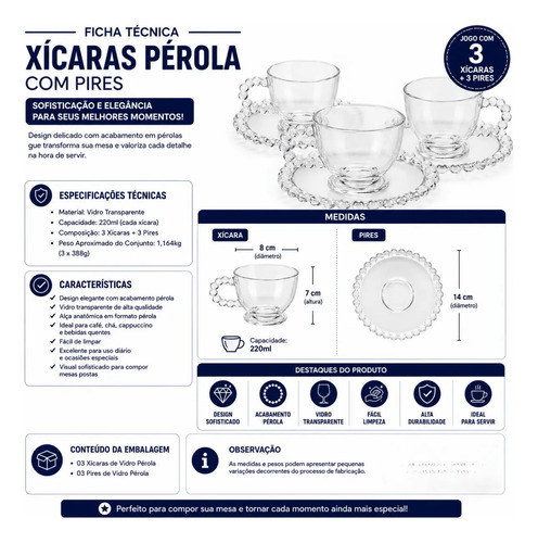 Jogo De Xícaras Com Pires 6 Pç Bubly Bolha Perola Cafe Cha