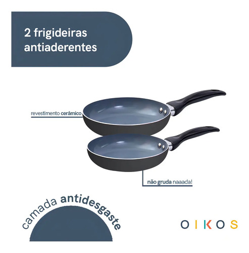 Jogo Frigideira 2 Pçs Antiaderente Cerâmica Alumínio Oikos Cor Preto