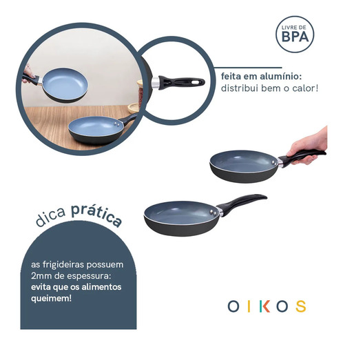 Jogo Frigideira 2 Pçs Antiaderente Cerâmica Alumínio Oikos Cor Preto