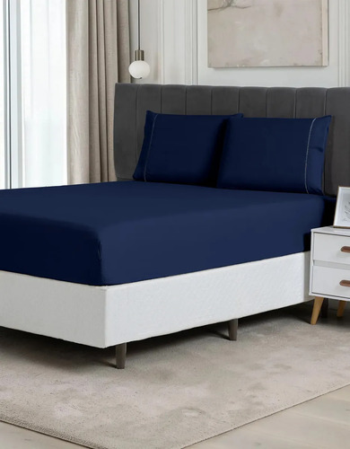 Jogo Lençol Casal 3pç 400 Fios Hipercal Conforto Macio Cor Azul-marinho Desenho do tecido Liso