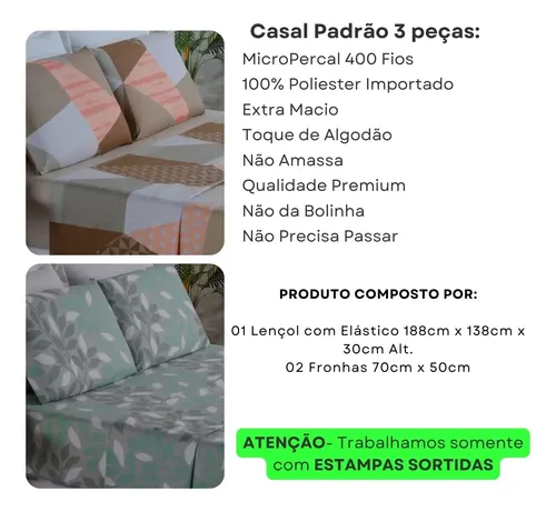 Jogo Lençol Casal Padrão Box 400 Fios Toque Aveludado 3 Pçs