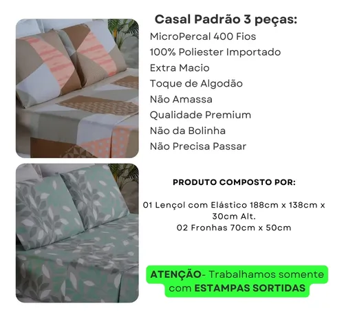 Jogo Lençol Casal Padrão Box 400 Fios Toque Aveludado 3 Pçs