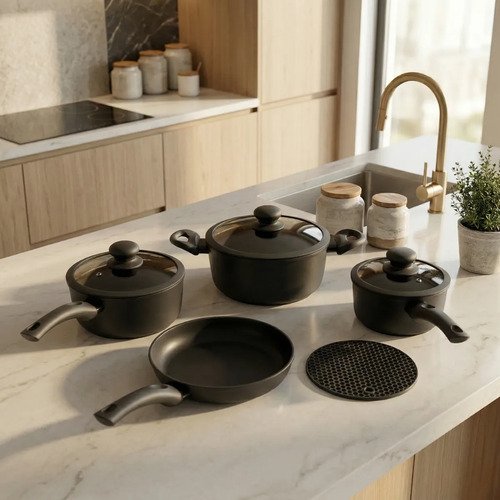 Jogo panela ceramica antiaderente 5pc tampa silicone inducao
