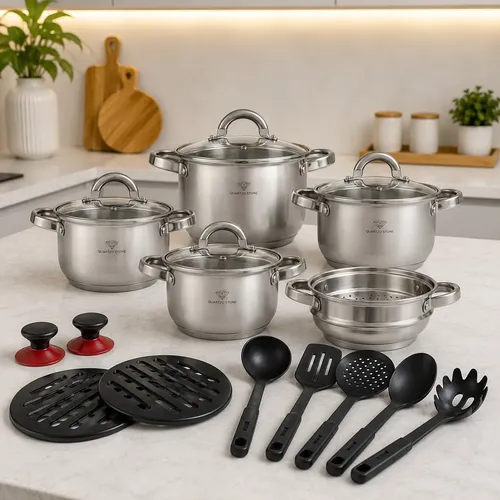 Jogo panelas inox 19 pecas genebra completo c utensilios