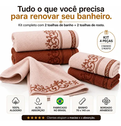Jogo Toalhas Banho E Rosto Grossas Macias 100% Algodão 4pçs