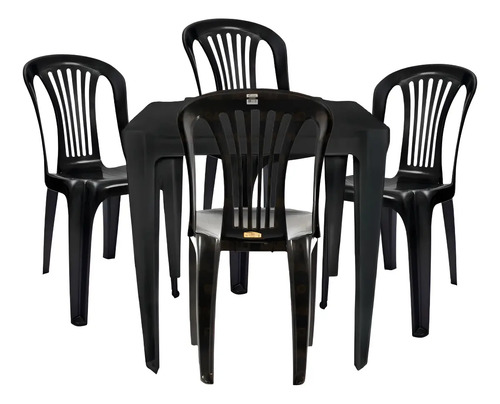 Jr Plasticos Kit Mesa Plástico Quadrada Preta com 4 Cadeiras Bistrô 70cm