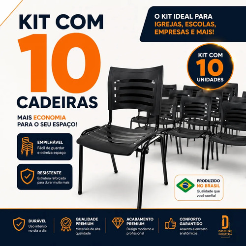 Kit 10 Cadeiras Iso Fixa Escola Escritório Igreja Resistente Preto