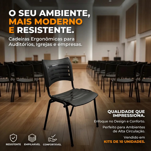 Kit 10 Cadeiras Iso Fixa Escola Escritório Igreja Resistente Preto