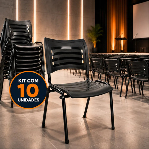 Kit 10 Cadeiras Iso Fixa Escola Escritório Igreja Resistente Preto