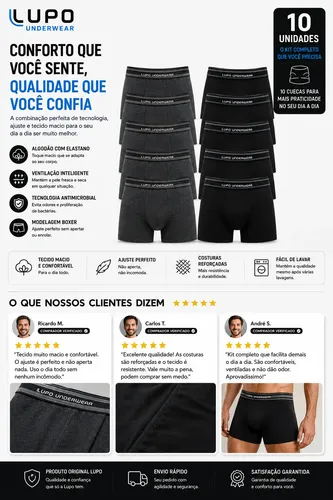 Kit 10 Cuecas Boxer Lupo Algodão Confortável Box Original