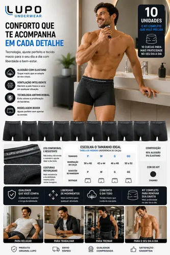 Kit 10 Cuecas Boxer Lupo Algodão Confortável Box Original