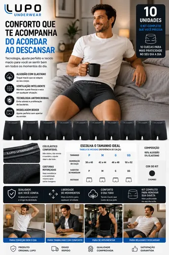 Kit 10 Cuecas Boxer Lupo Algodão Confortável Box Original