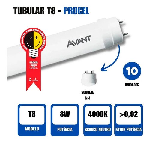 Kit 10 Lâmpada Led Tubular T8 Procel 8w Branco Neutro Avant Cor Da Luz Branco-neutro