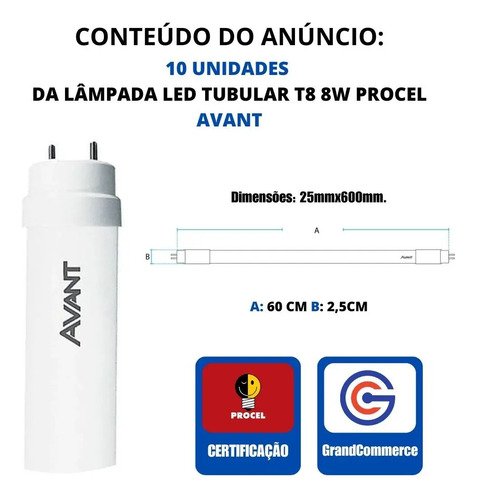 Kit 10 Lâmpada Led Tubular T8 Procel 8w Branco Neutro Avant Cor Da Luz Branco-neutro