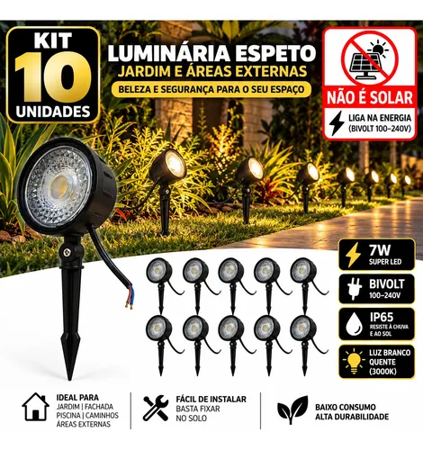 Kit 10 luminaria espeto jardim super led 7w ip65 prova dagua