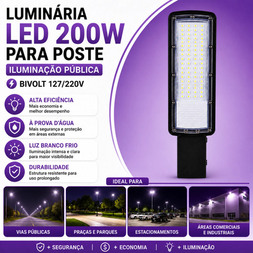 Kit 10 Luminária Led P/ Poste 200w Iluminação Publica Bivolt