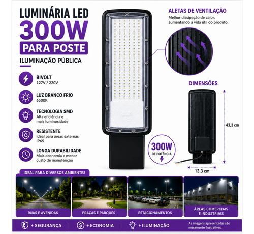 Kit 10 Luminária Led P/ Poste 300w Iluminação Publica Bivolt