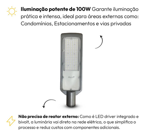Kit 10 Luminaria Led Poste Rua Publica 100w 6500k 1200lm 110v/220v Bivolt DPS 5KV Alta Resistencia a Impacto IK07 Ip66 Proteção Contra Surto Alut000902 Alut By Avant