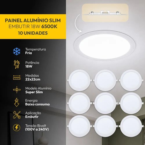 Kit 10 painel led plafon aluminio embutir 18w 6500k branco f