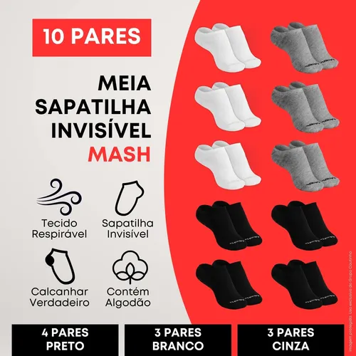 Kit 10 Pares Meia Invisível Soquete Algodão Confortável Mash